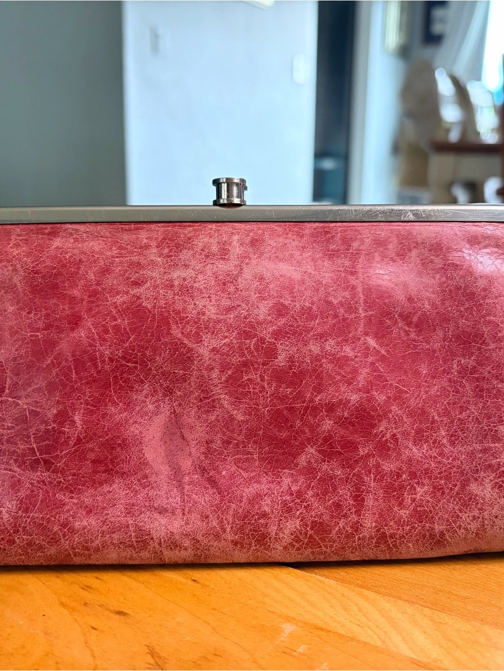 HOBO Clutch Wallet Raspberry Distressed Leather Silver-Tone Hardware